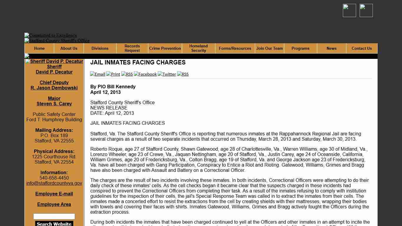 JAIL INMATES FACING CHARGES - Stafford County Sheriffs Office