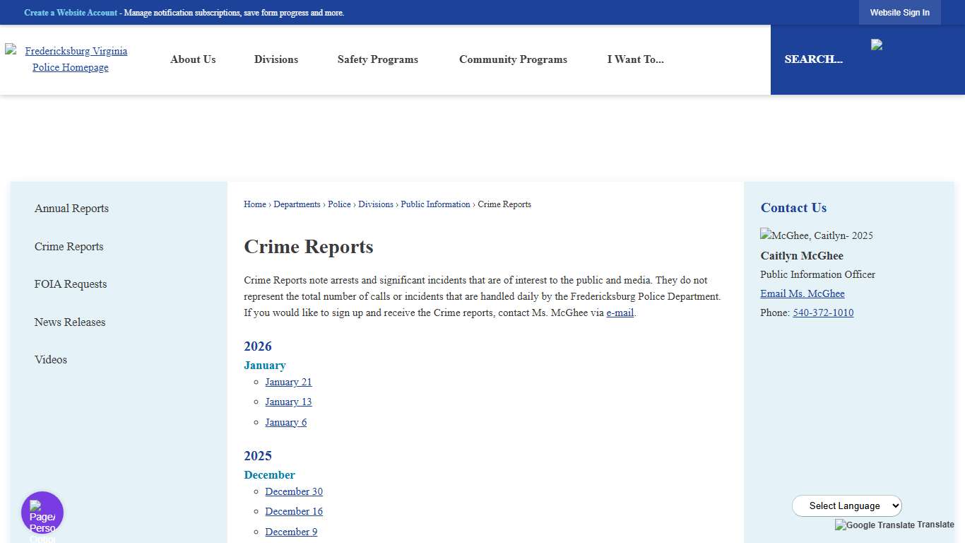 Crime Reports Fredericksburg, VA - Official Website